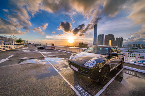 a car parke don a commercial parking lot